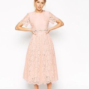ASOS PETITE SALON Baby Pink Lace Crop Top Midi Prom Dress - Size 00 - UK 2